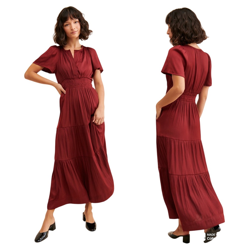 Anthropologie Somerset Maxi Dress Red Wine Smocked Cottagecore Boho Tiered Sz S‎